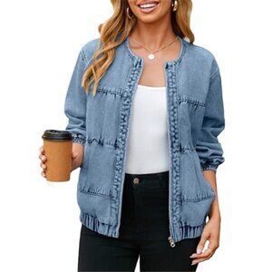 Women's Denim Bomber Jacket Trendy Casual Zip Up Crew Neck Jean Jacket
